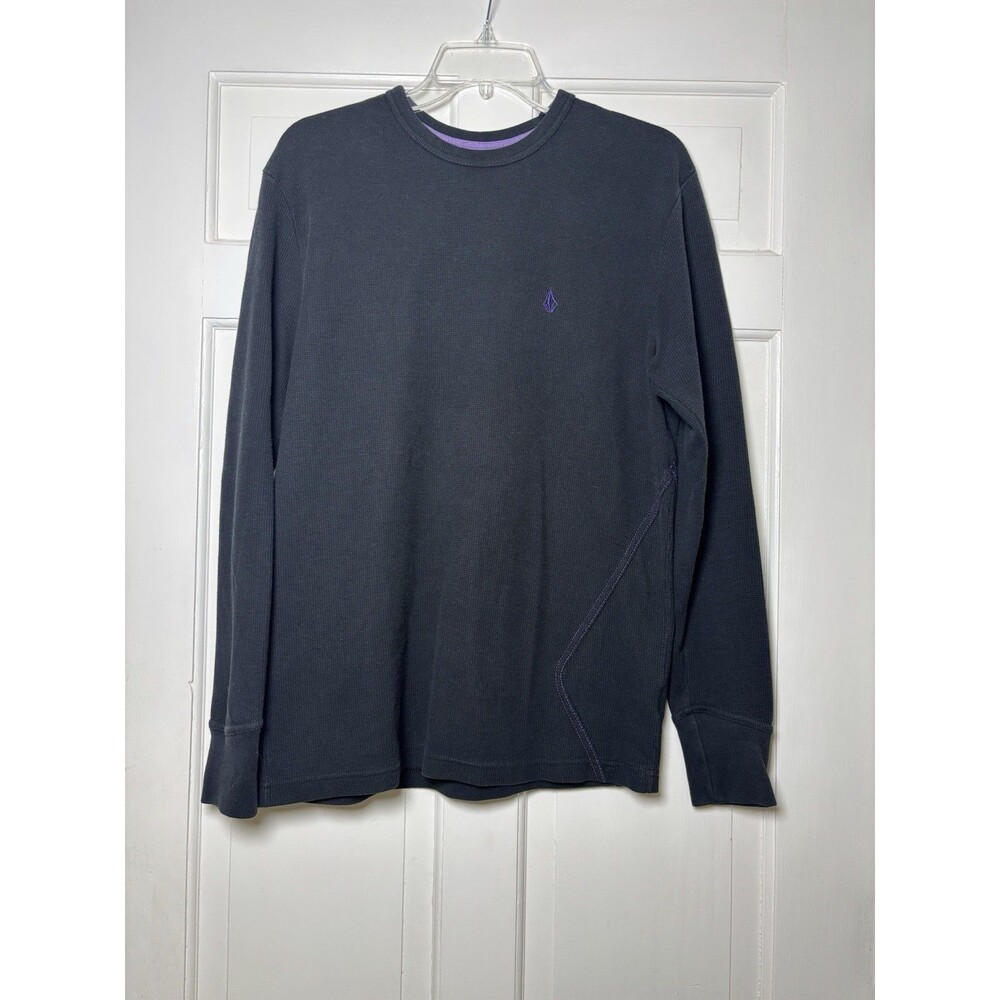 Volcom Long Sleeve Black Thermal Waffle Shirt Men M Relaxed Graphic Purple Logo